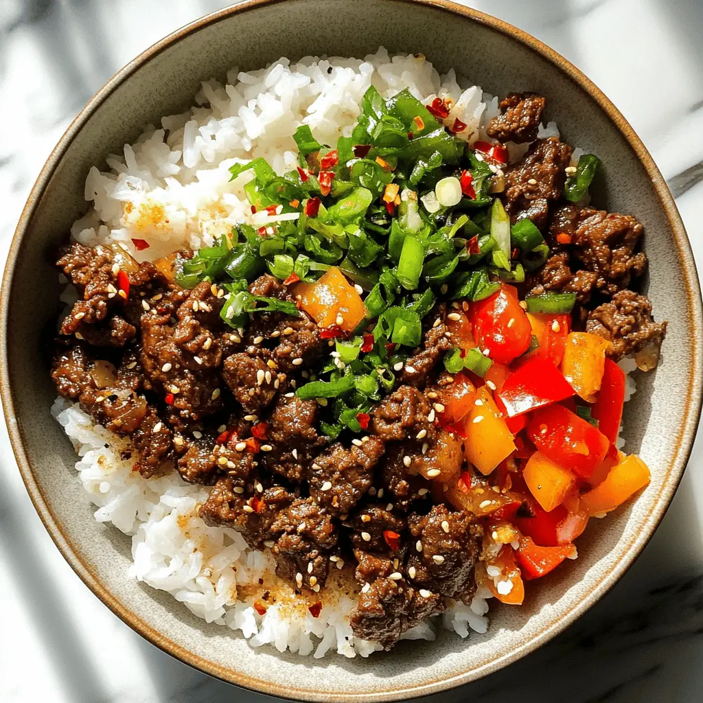 Savor this Beef and Pepper Rice Bowl, a quick and delicious meal that features tender beef, vibrant bell peppers, and fluffy rice. Perfect for busy weeknights or meal prep, this recipe blends savory flavors that everyone will love. Save this pin for your next dinner idea or a satisfying lunch option!