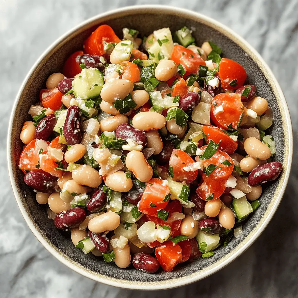 Brighten up your meals with this vibrant Mediterranean Bean Salad! Packed with protein-rich beans, crisp veggies, and a zesty dressing, it's perfect for lunch, a side dish, or a light dinner. Enjoy healthy flavors that come together in just a few minutes. Save this recipe for your next gathering or cozy night in!