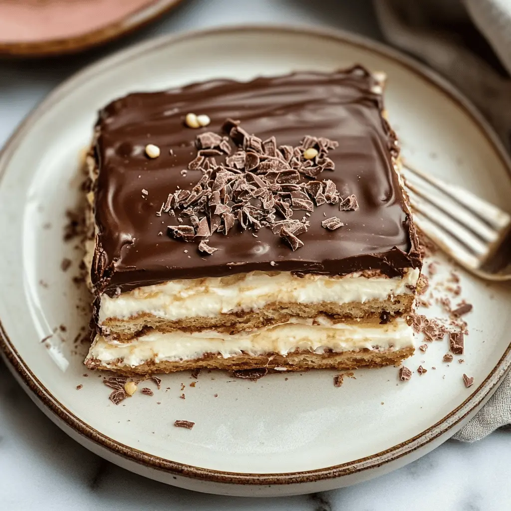 This No-bake Chocolate Eclair Cake is a delightful dessert that combines layers of creamy vanilla pudding and rich chocolate frosting. Perfect for warm days, it comes together quickly and requires no oven! Save this easy recipe for your next gathering or family dinner. Everyone will love this sweet treat!