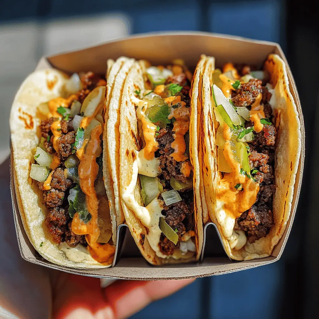 Get ready to try a fun twist on two favorites with these Smash Burger Tacos! Juicy, beefy patties wrapped in warm tortillas bring together the best of both worlds. Topped with melted cheese, crisp lettuce, and your favorite sauces, these tacos are perfect for game night or casual family dinners. Save this recipe to impress your loved ones with deliciousness!