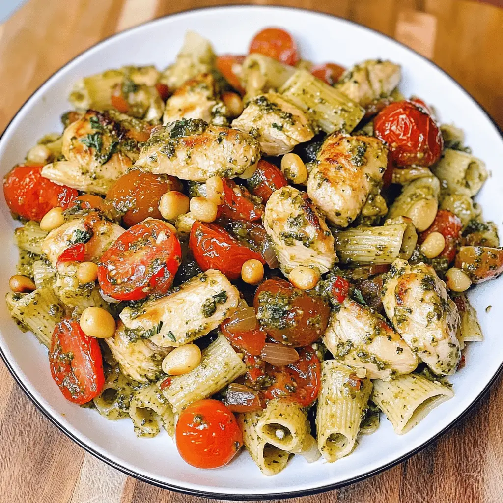 Easy Chicken Pesto Pasta with Tomatoes and Pine Nuts