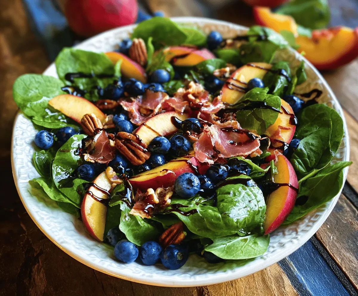 Fresh Peach Blueberry Spinach Salad With Pecans and Prosciutto