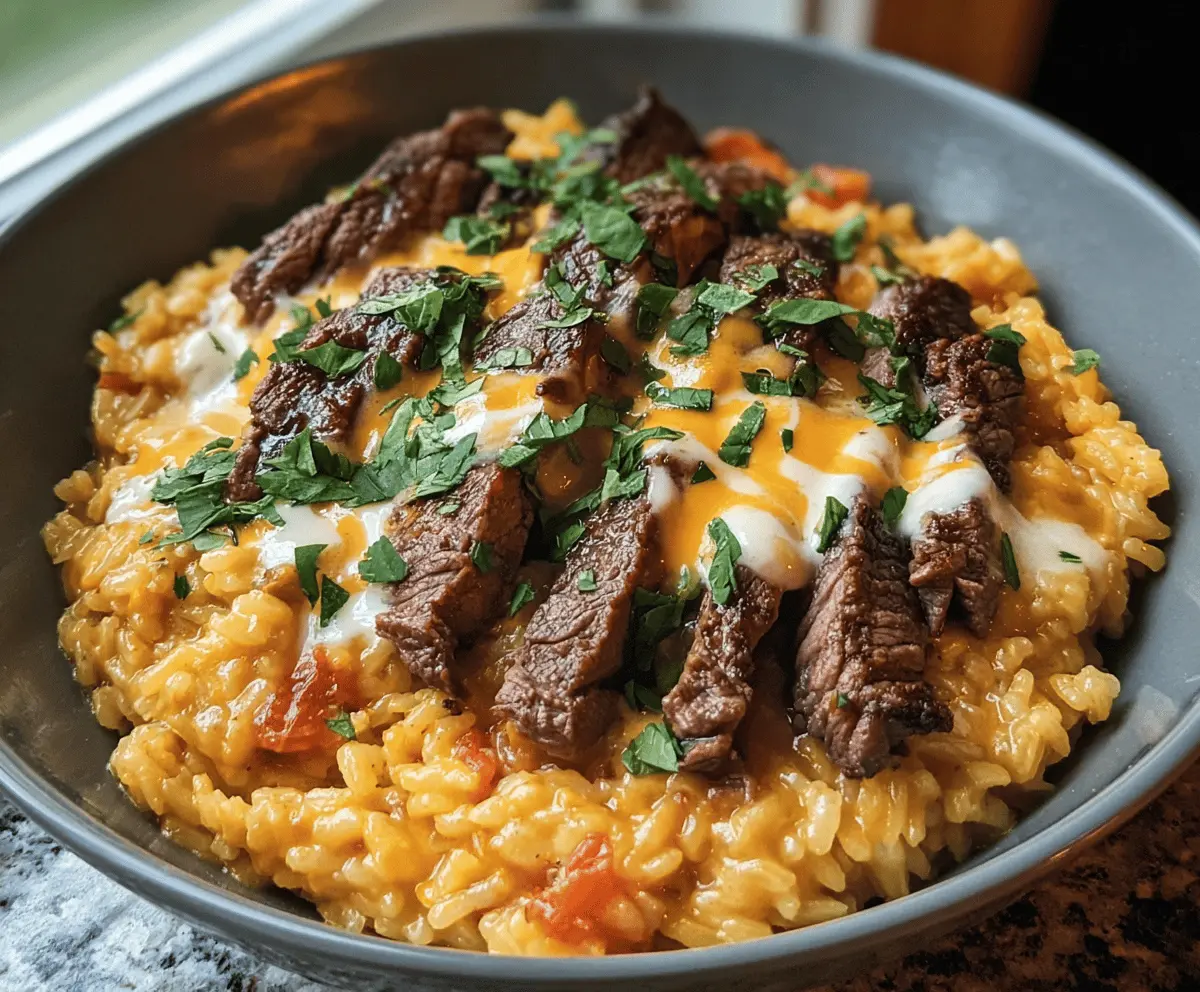Creamy Queso Rice with Juicy Steak Strips Recipe