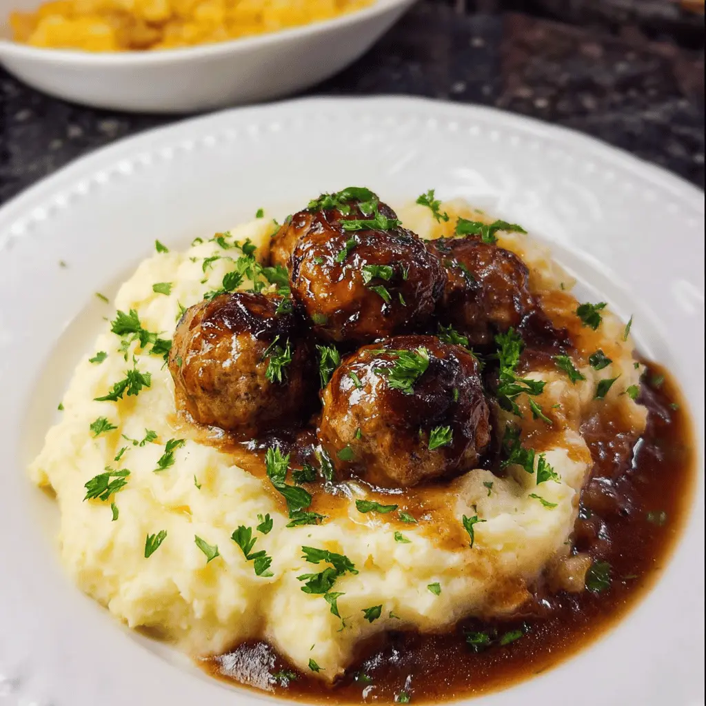Classic Salisbury Meatballs with Creamy Mashed Potatoes