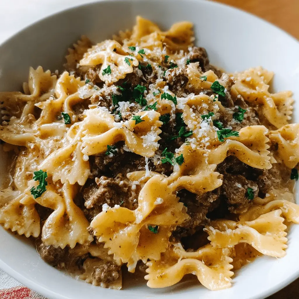 Creamy Garlic Parmesan Bowtie Pasta With Beef
