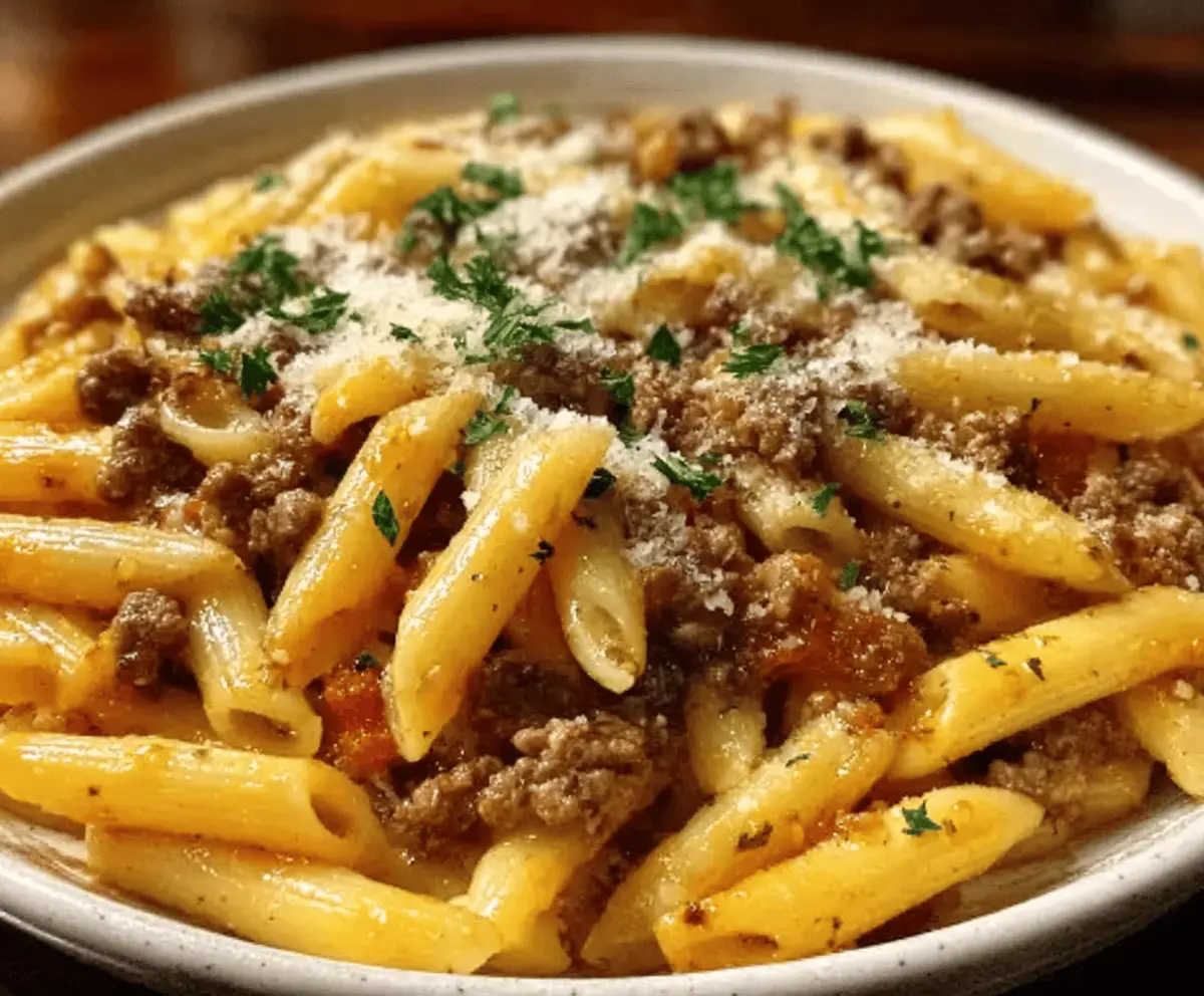 Cheesy Garlic Butter Penne with Ground Beef