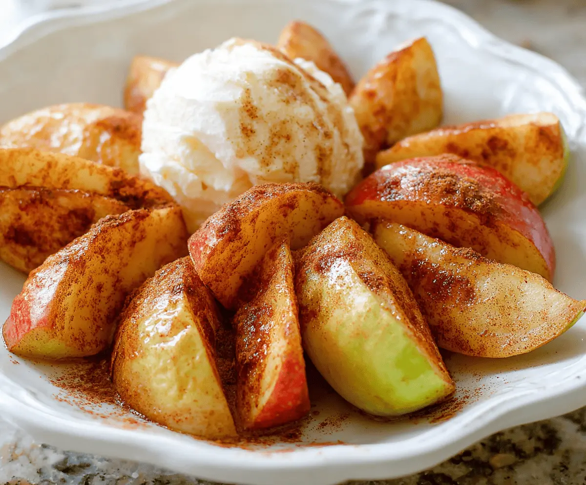 Delicious crispy Air Fryer Apples garnished with cinnamon and served as a healthy snack or dessert