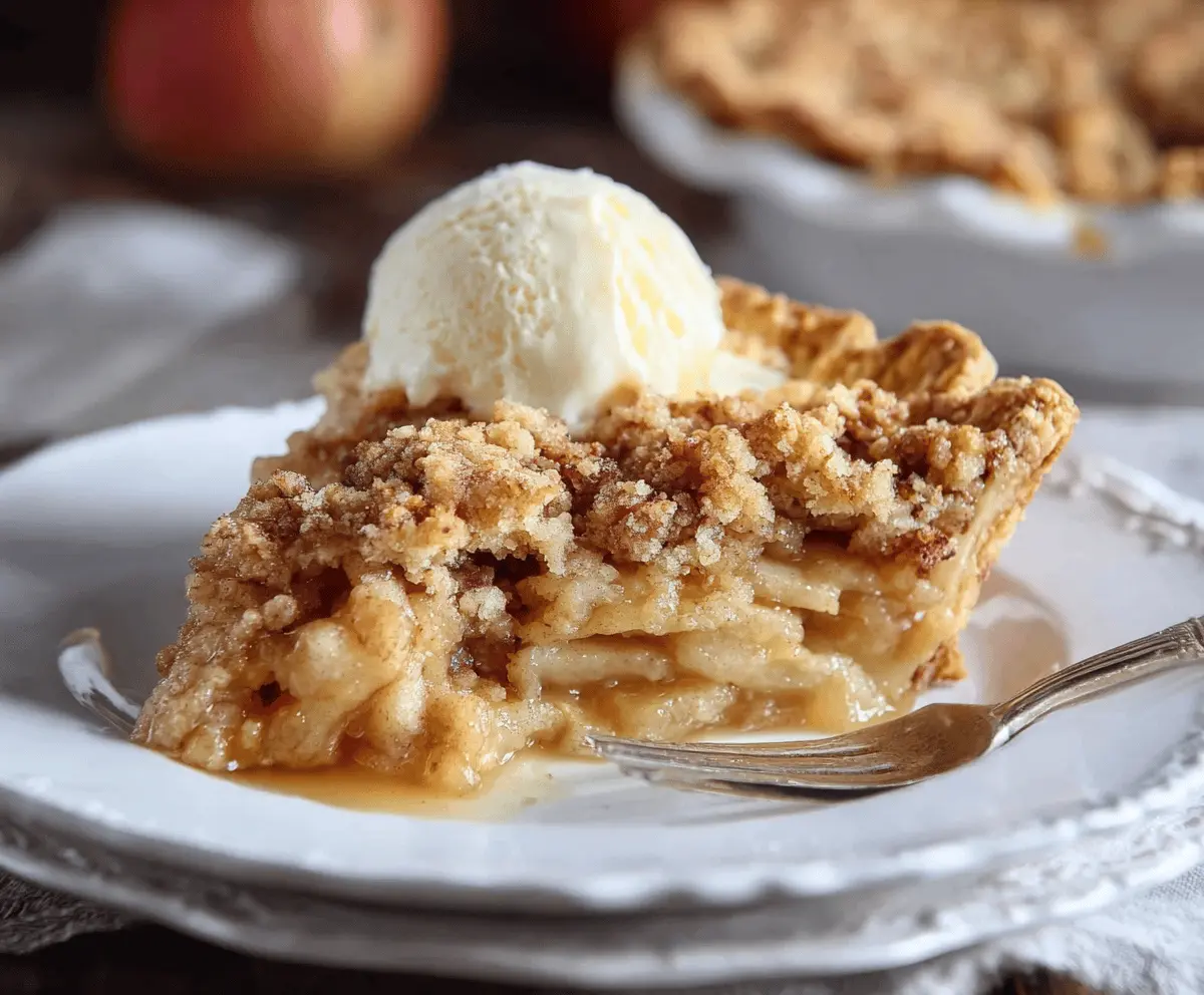 Delicious homemade apple crisp pie topped with golden-brown crumble, served warm with a scoop of vanilla ice cream on a rustic wooden table.