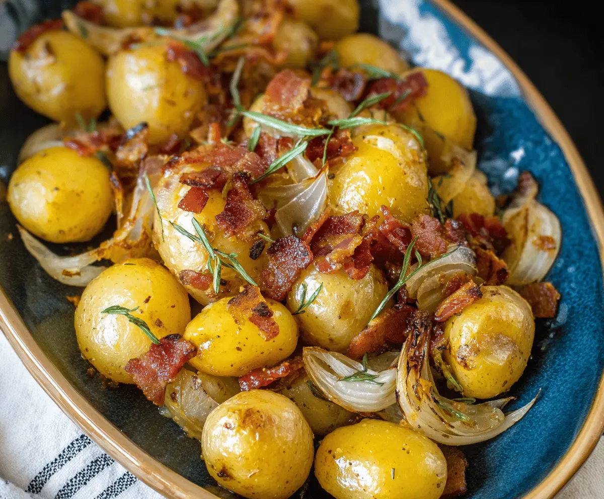 Delicious baby potatoes with crispy bacon and caramelized onions served on a white plate, perfect for a savory side dish.