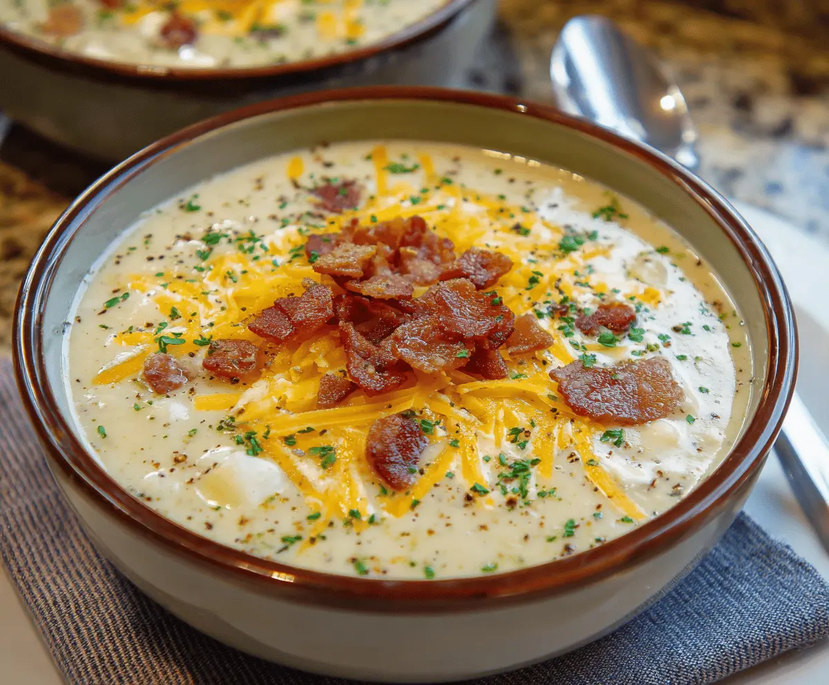 Creamy baked potato soup topped with shredded cheese, crispy bacon, and chopped green onions in a rustic bowl.