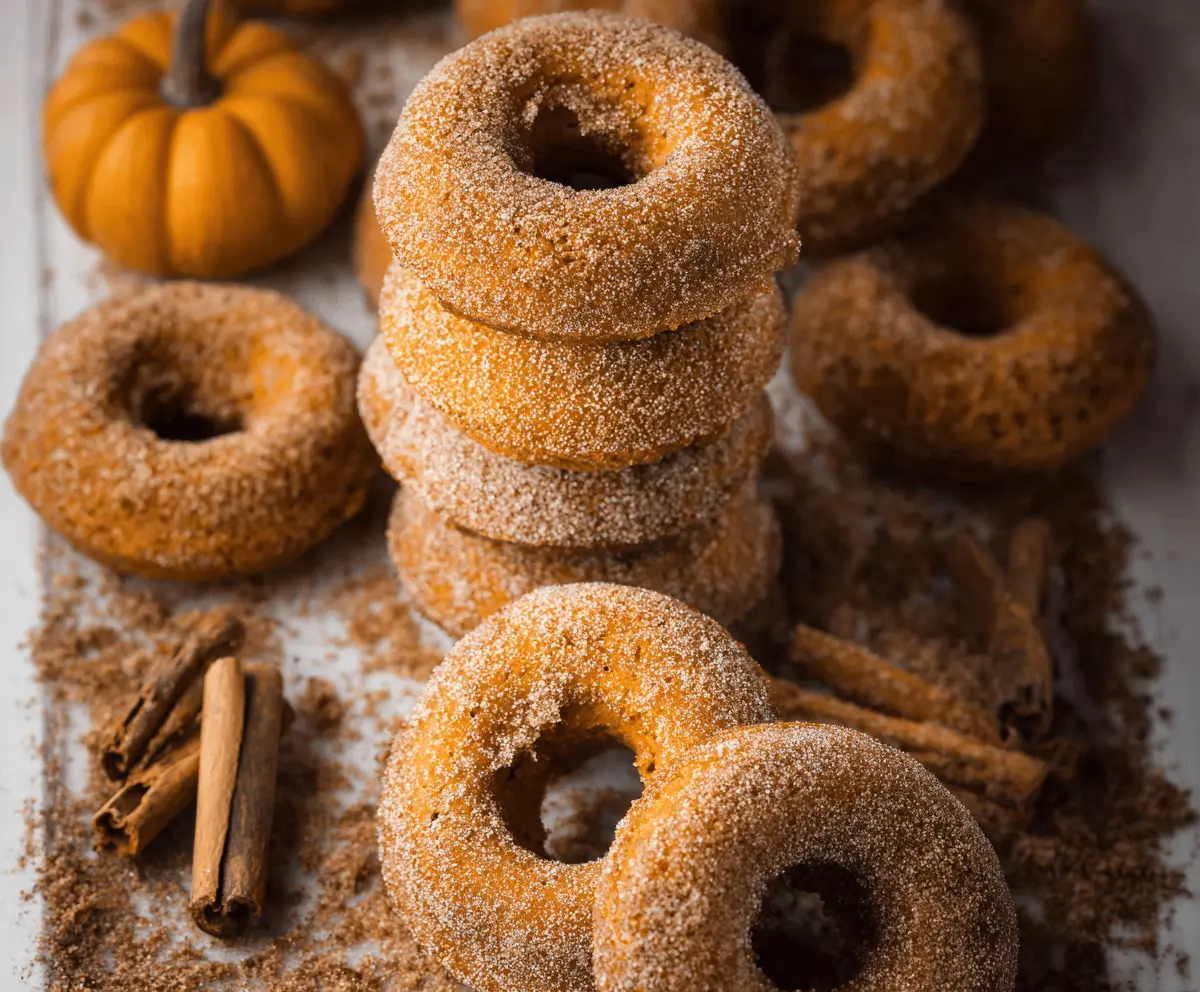 Delicious baked pumpkin spice donuts topped with cinnamon glaze on a rustic plate, perfect for fall dessert or breakfast