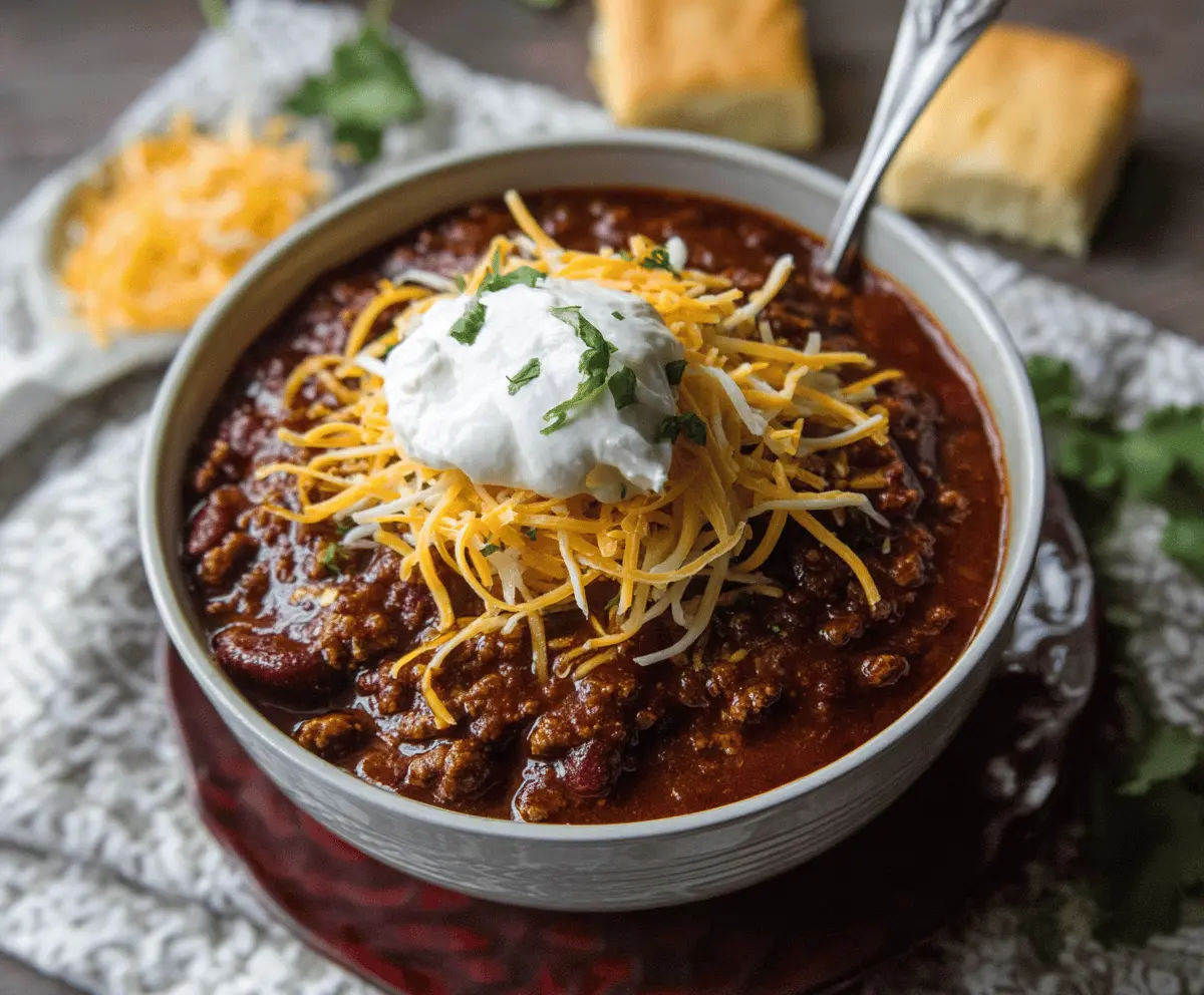 Savory beer chili topped with shredded cheese and fresh herbs in a bowl, served with a spoon, perfect for a hearty comfort meal