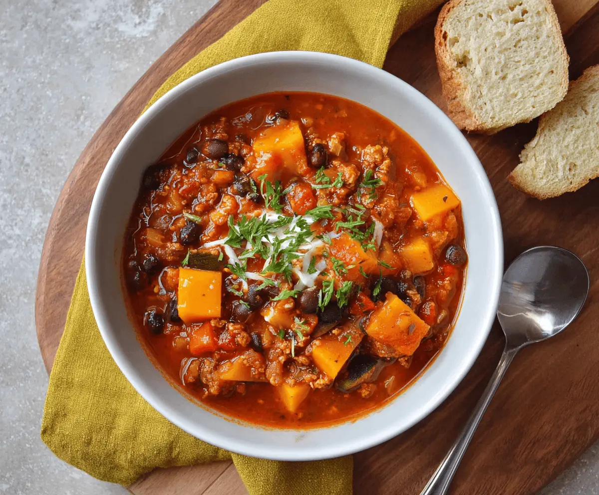 Hearty butternut squash chili topped with fresh herbs in a bowl, perfect for a cozy, healthy meal.