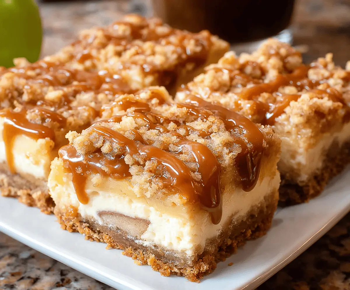Delicious caramel apple cheesecake bars topped with caramel drizzle and cinnamon, ready to serve as a sweet fall dessert.