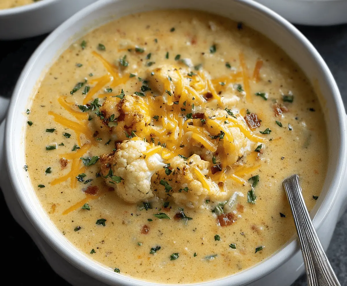 Creamy cheddar cauliflower soup garnished with fresh herbs in a rustic bowl, perfect for a comforting meal