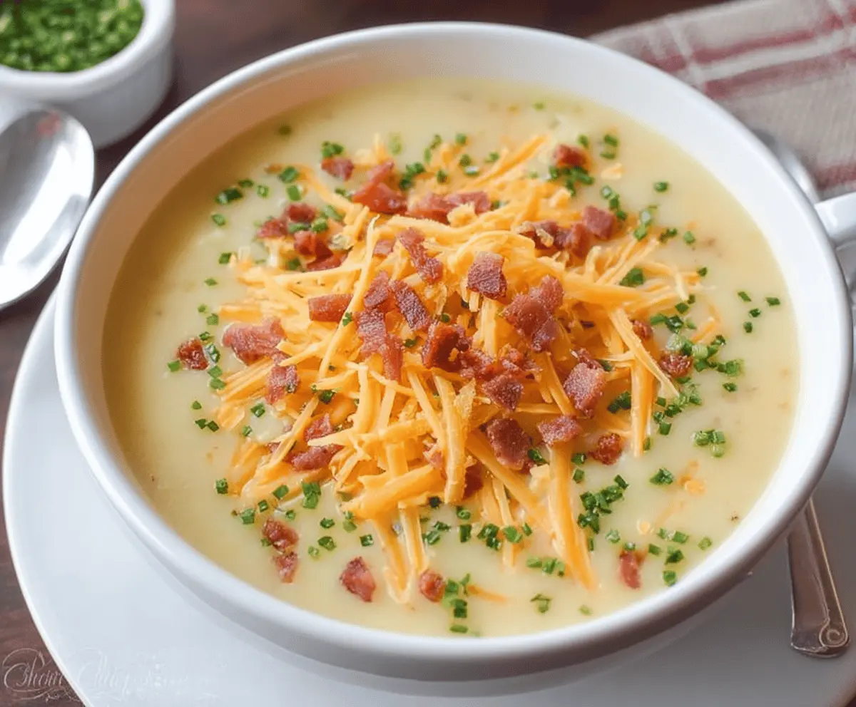 Creamy cheddar potato soup served in a bowl with melted cheese and fresh herbs, perfect for a comforting meal.