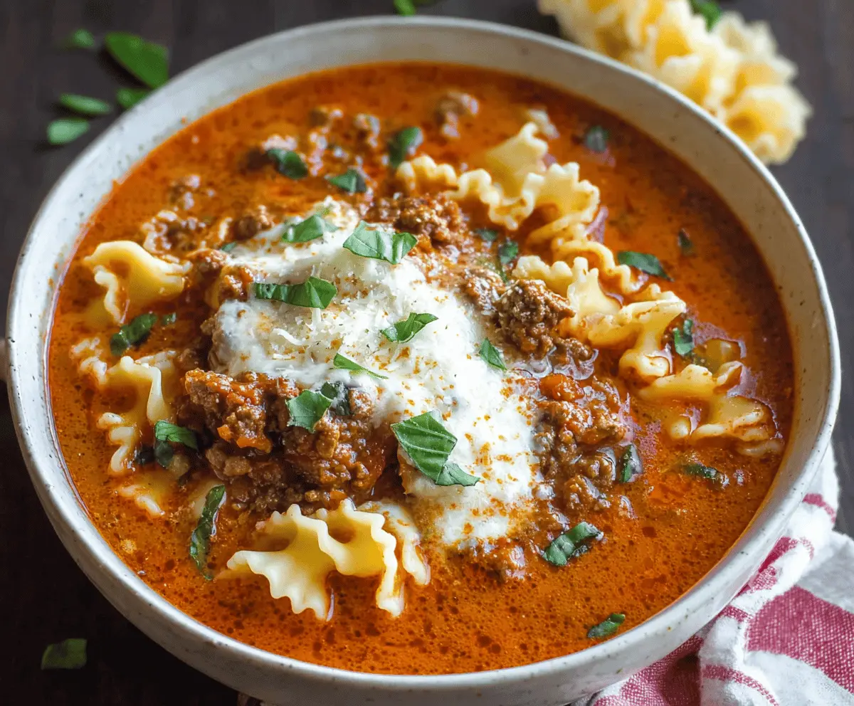 Delicious cheesy ground beef lasagna soup with melted cheese, pasta, and savory herbs in a bowl