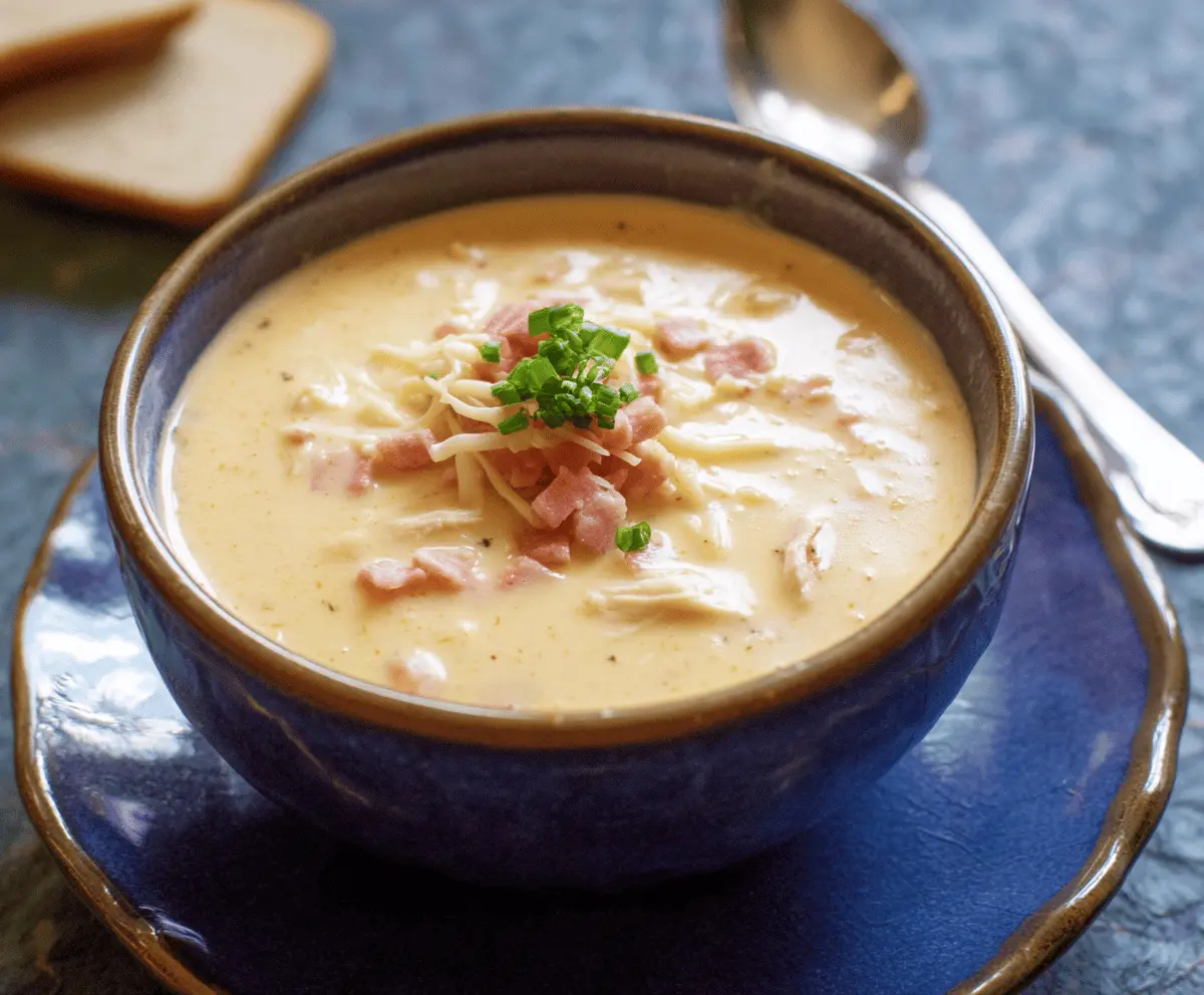 Creamy Chicken Cordon Bleu Soup with tender chicken, ham, Swiss cheese, and crispy breadcrumbs in a rich broth.
