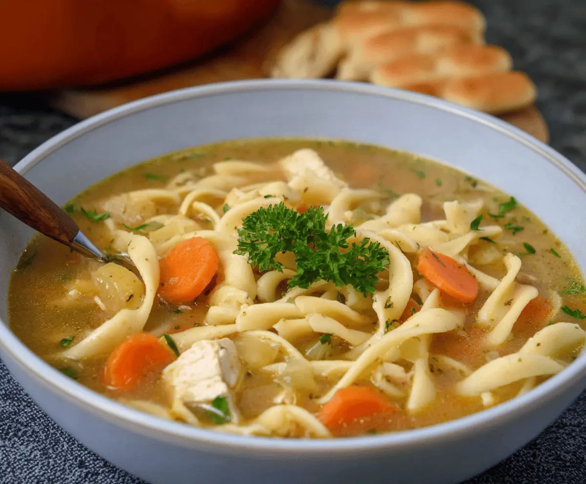 Hearty chicken noodle soup with tender chicken, egg noodles, and fresh vegetables in a warm broth