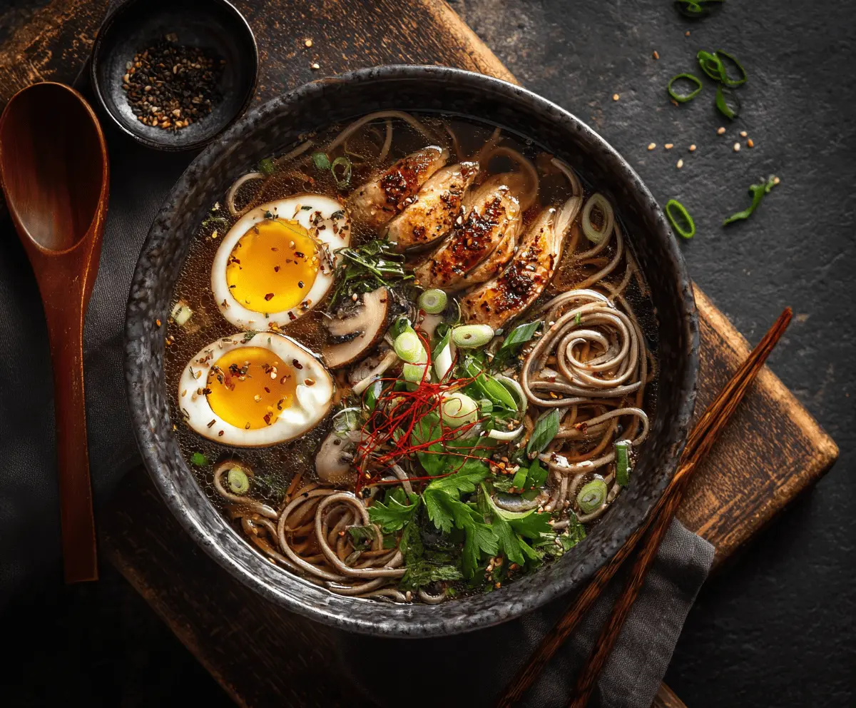 Warm Chicken Soba Noodle Soup in a bowl garnished with green onions and cilantro, perfect for a comforting meal