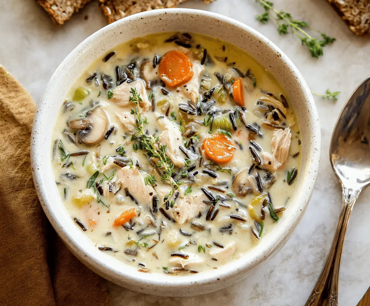 A steaming bowl of hearty chicken wild rice soup garnished with fresh herbs and served with crusty bread on a rustic wooden table.
