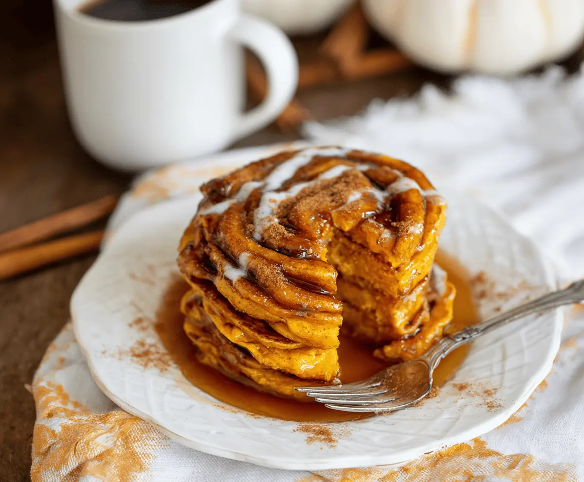 Fluffy cinnamon swirl pumpkin pancakes topped with whipped cream and cinnamon, served on a plate with maple syrup drizzle