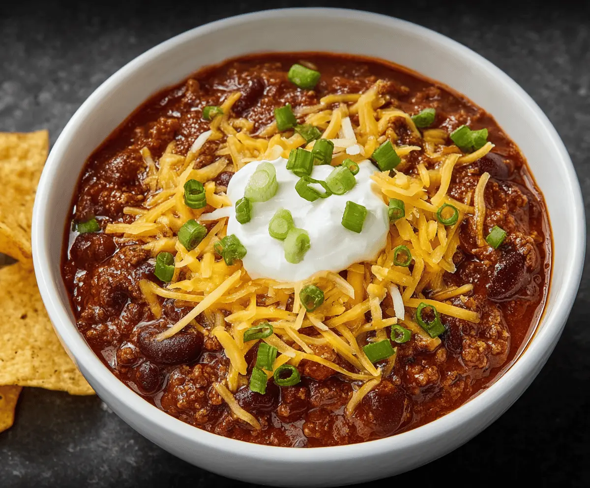 A steaming bowl of classic chili topped with shredded cheese, fresh chopped onions, and a sprig of cilantro, served with cornbread on the side.