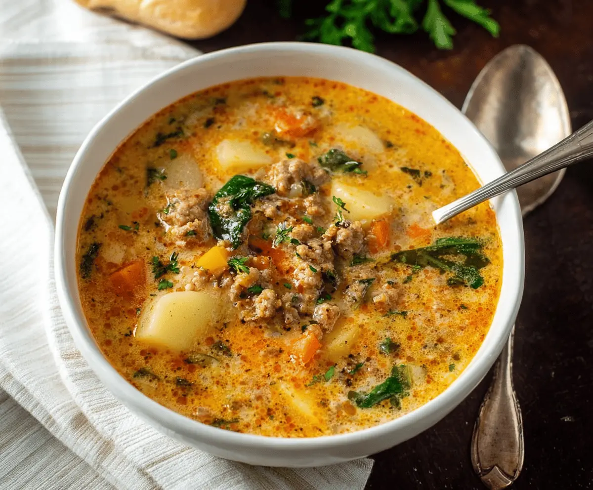 Creamy Italian sausage and potato soup topped with fresh herbs, served in a rustic bowl, perfect for a comforting meal