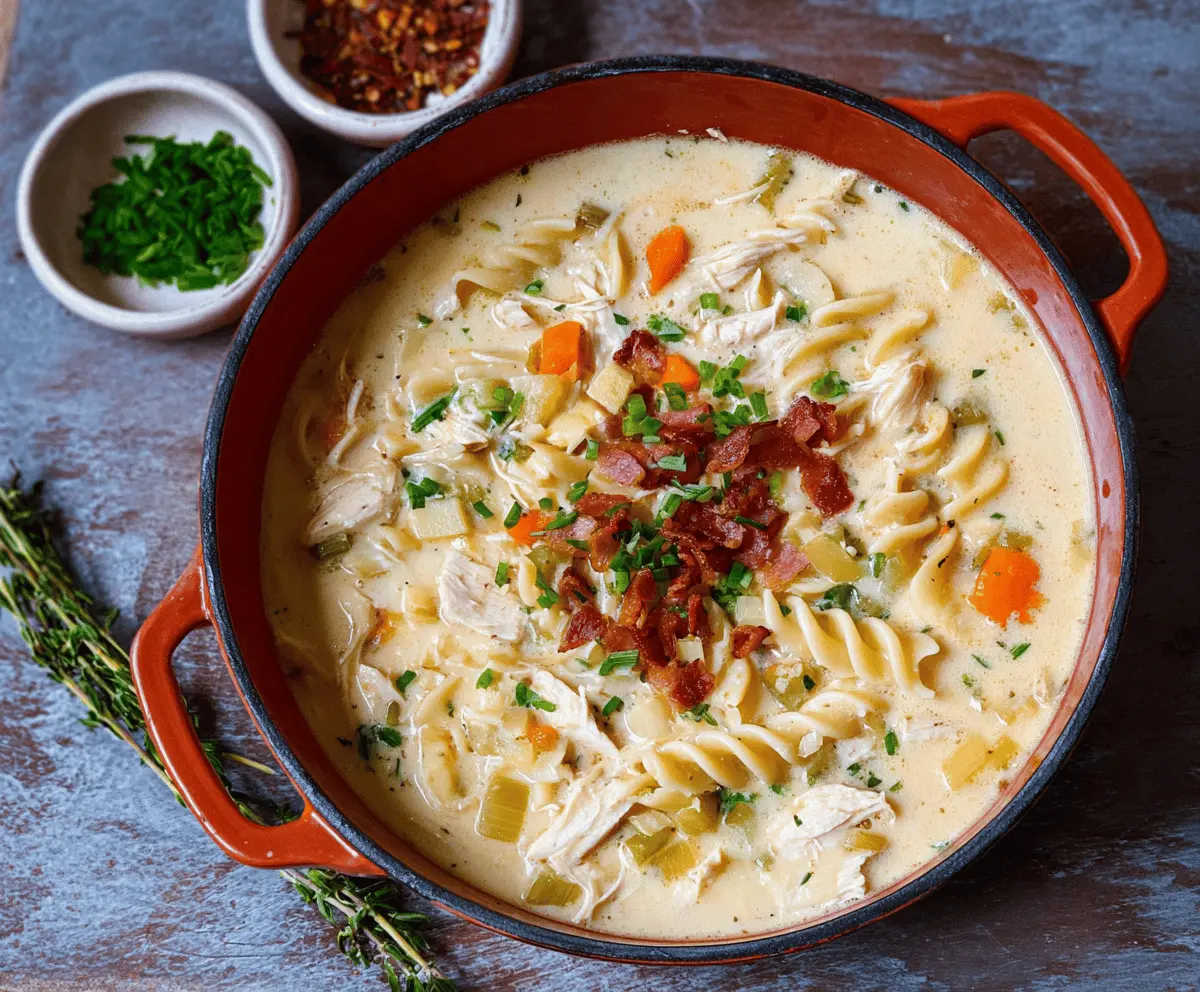 A steaming bowl of Crack Chicken Noodle Soup featuring shredded chicken, egg noodles, fresh herbs, and a creamy, savory broth, served in a white ceramic bowl.