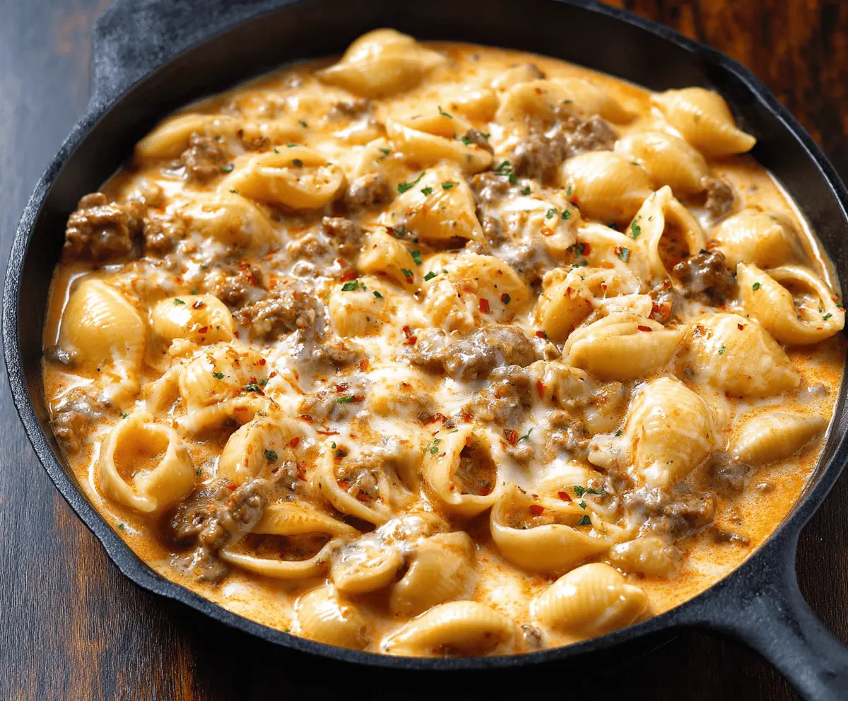 Creamy beef and pasta shells dish topped with melted cheese, served in a white bowl, perfect for a hearty comfort meal.