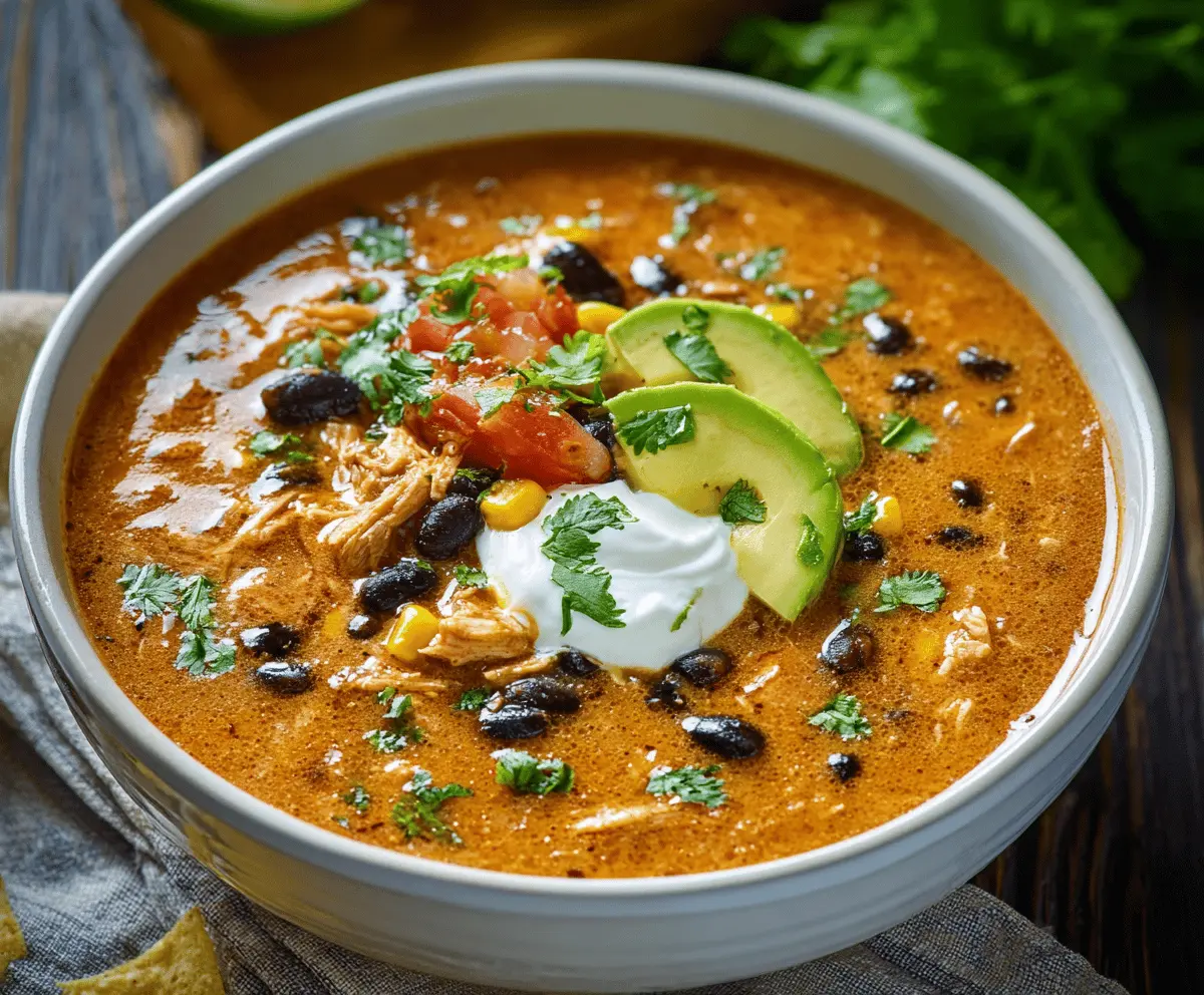 Creamy enchilada soup topped with shredded cheese, chopped cilantro, and sour cream in a rustic bowl, served with tortilla chips on the side.