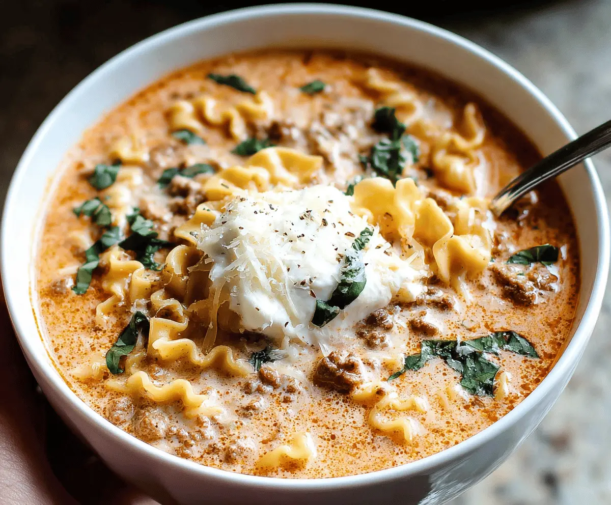 Creamy Instant Pot Lasagna Soup in a bowl with melted cheese, fresh herbs, and pasta, ready to serve