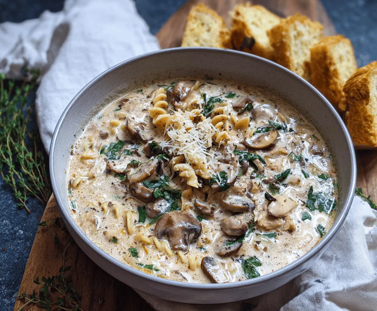 A bowl of creamy mushroom lasagna soup garnished with fresh herbs and melted cheese, showcasing a rich and hearty Italian-inspired dish.