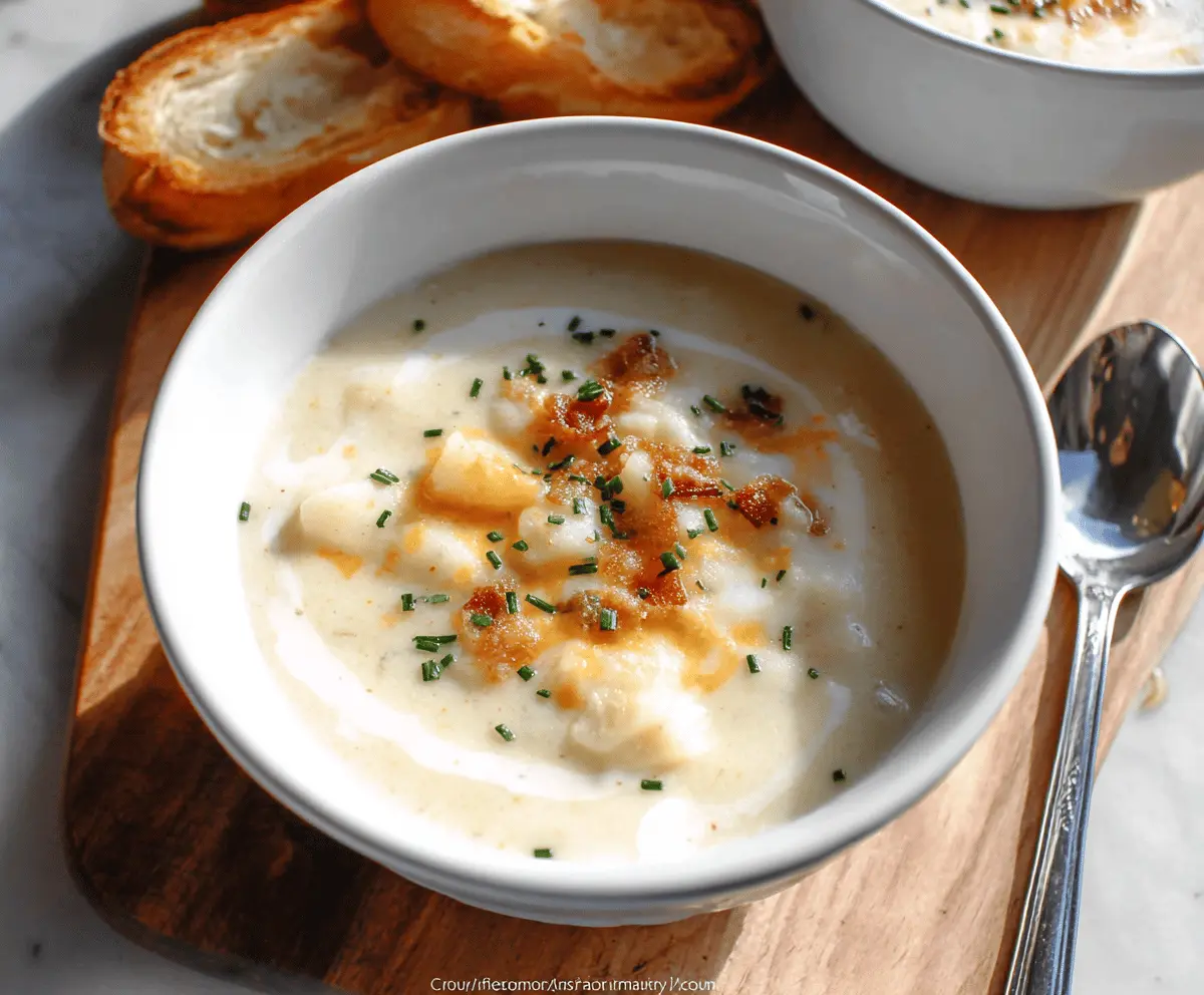 A bowl of creamy potato soup garnished with fresh herbs, served with crusty bread on the side.
