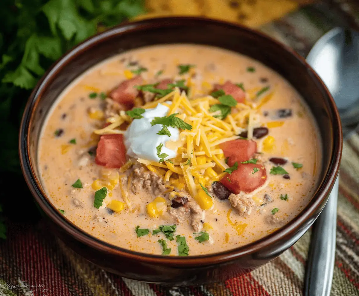 Creamy Taco Soup with ground beef, beans, corn, and shredded cheese in a bowl, garnished with fresh cilantro and a dollop of sour cream