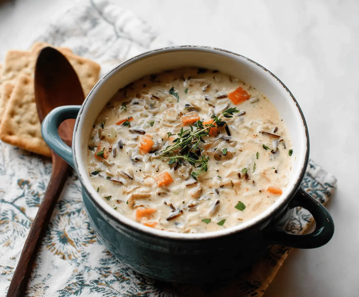 A bowl of creamy wild rice soup garnished with fresh herbs and served with crusty bread on the side.