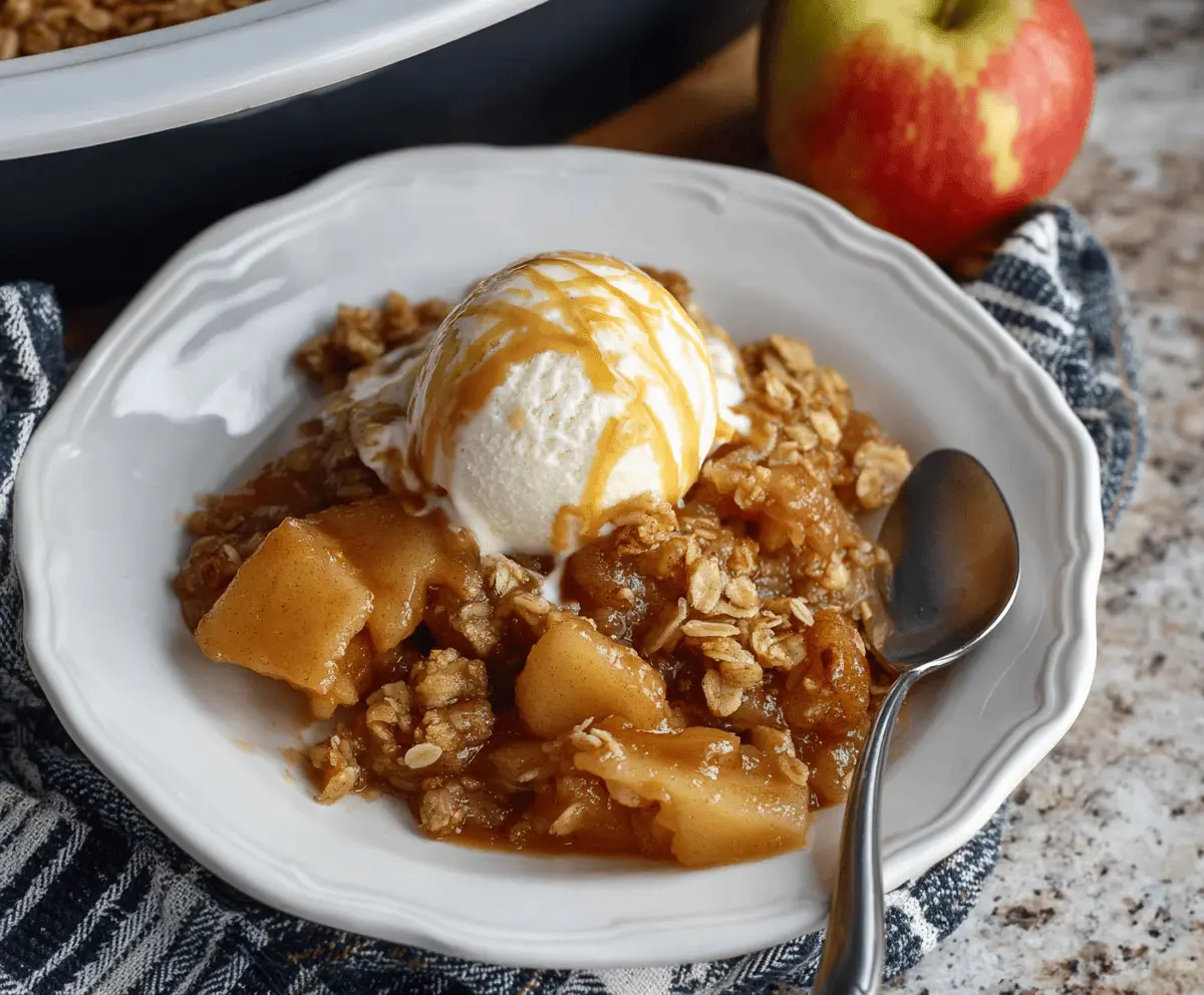 Delicious homemade Crockpot Apple Crisp topped with golden brown crust and fresh apple slices, served in a rustic dish