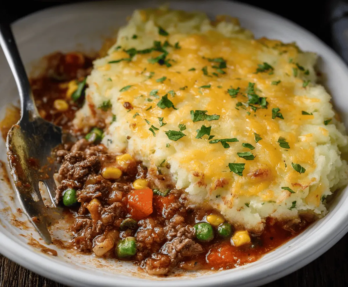 Delicious homemade Crockpot Shepherd’s Pie topped with golden mashed potatoes and savory beef filling in a crockpot