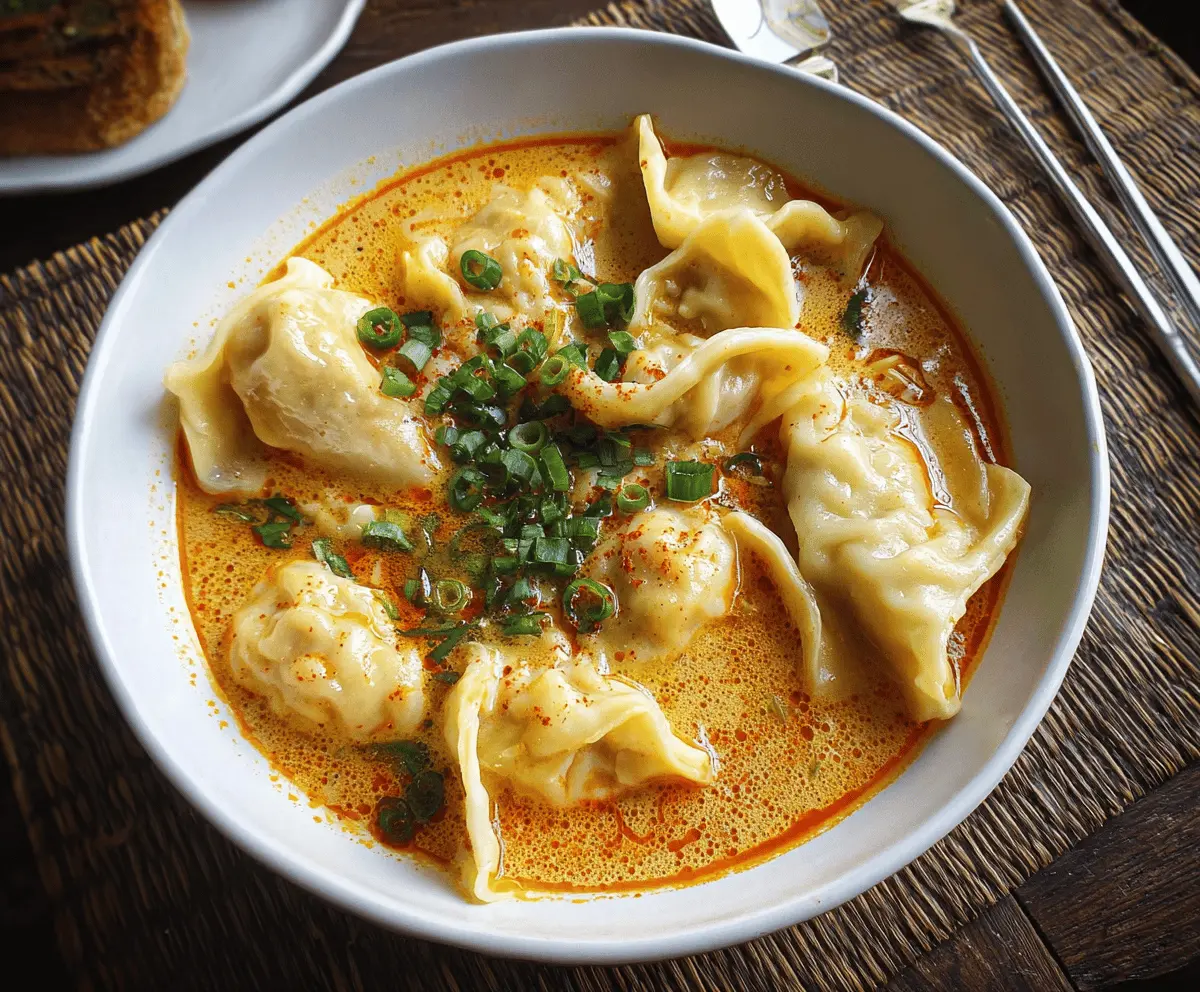 A bowl of warm Curry Dumpling Soup featuring savory dumplings in a flavorful curry broth, garnished with fresh herbs and vegetables.