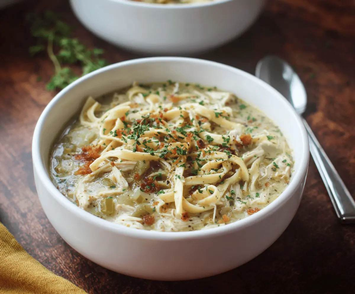 A bowl of hearty dairy-free chicken noodle soup with tender chicken, vegetables, and noodles in a flavorful broth, perfect for a comforting meal.
