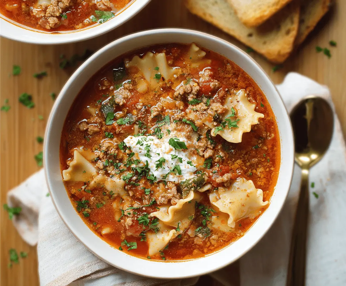 Creamy dairy-free lasagna soup in a bowl with layered pasta, tomato sauce, and fresh herbs, perfect for a comforting and allergy-friendly meal.