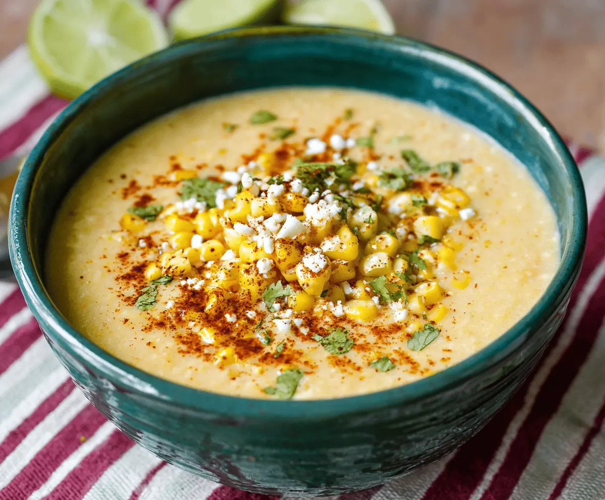 Creamy Elote Corn Soup served in a bowl with fresh cilantro and lime wedges, featuring vibrant yellow corn and melted cheese topping.
