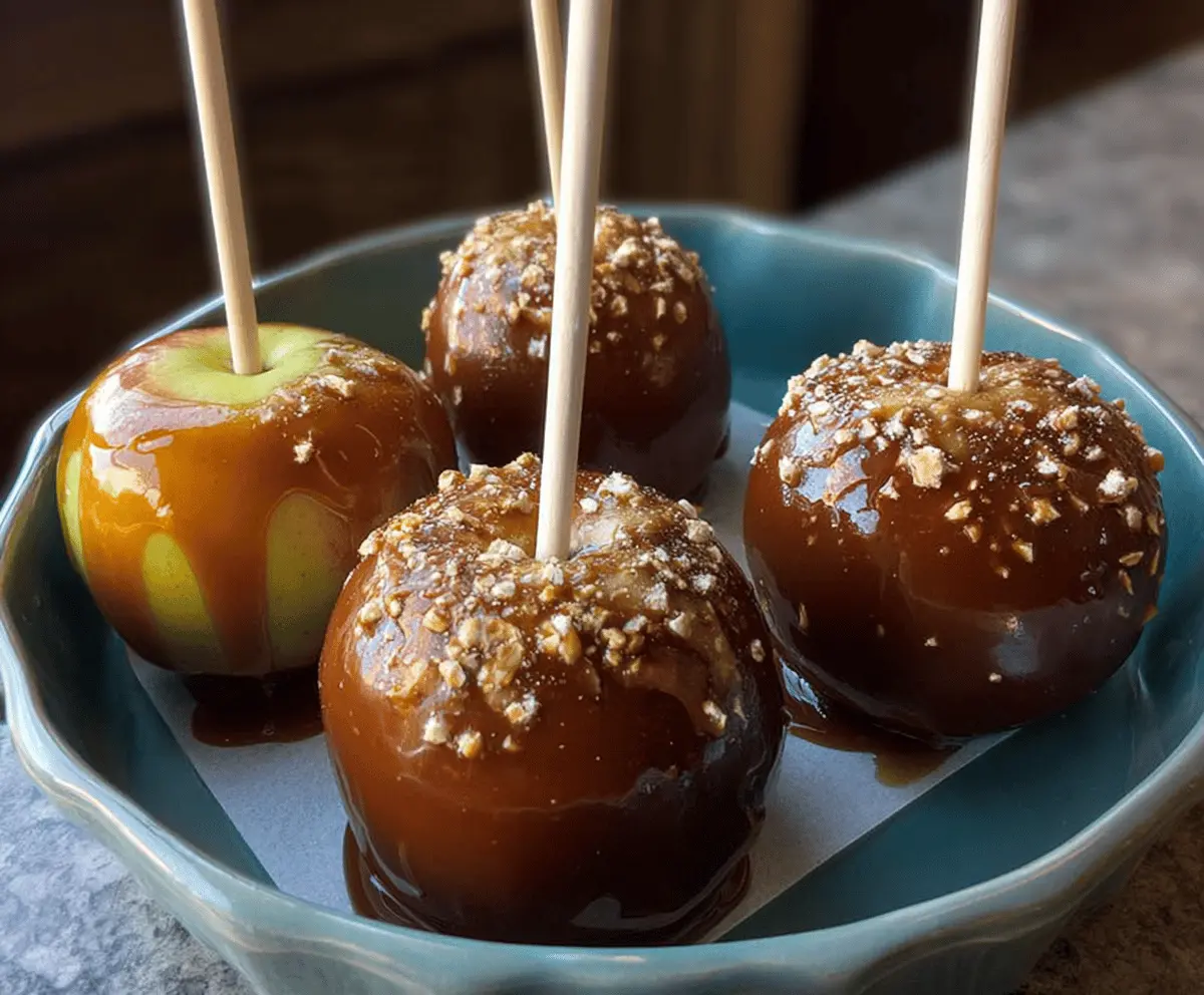 Delicious homemade gluten-free caramel apples with shiny caramel coating and fresh apple slices, perfect for a sweet fall treat.