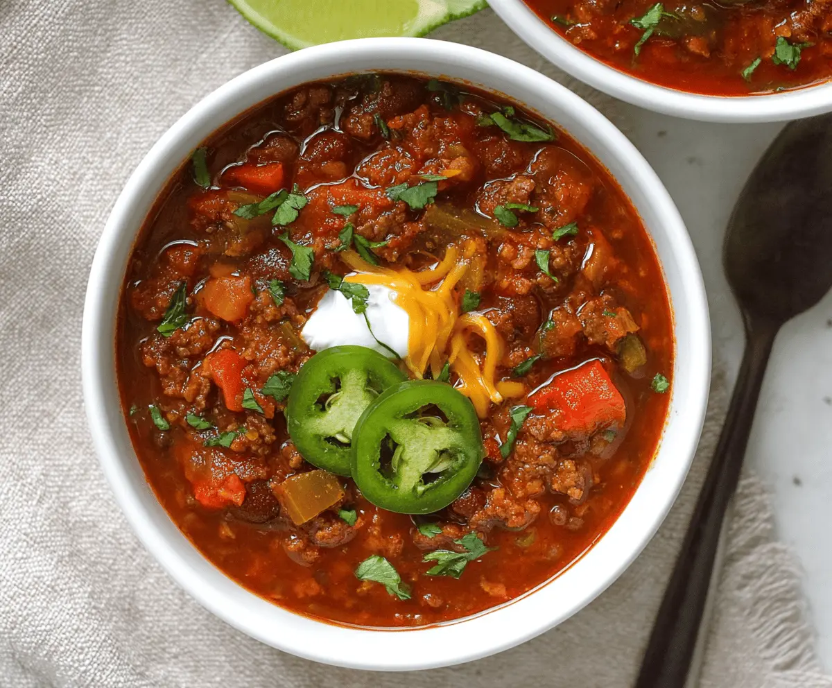 Hearty gluten-free chili in a bowl topped with fresh herbs and diced vegetables, perfect for a flavorful and healthy meal.