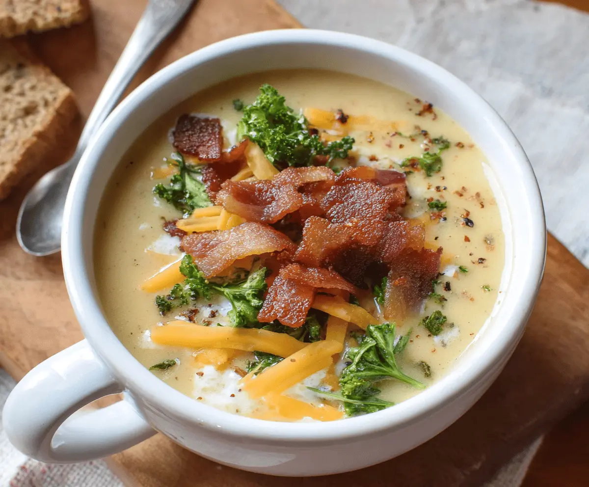 Creamy gluten-free potato soup served in a bowl with fresh herbs and crusty bread on the side.