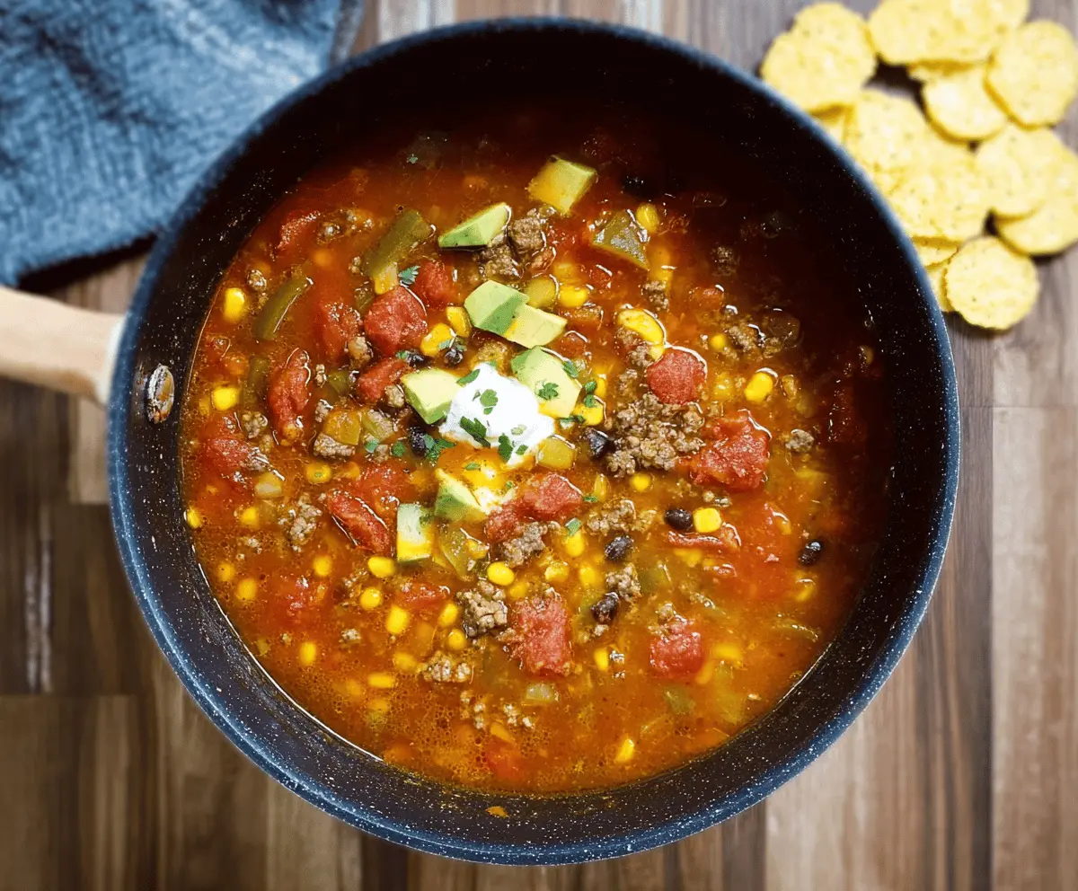 A bowl of hearty gluten-free taco soup garnished with fresh cilantro, shredded cheese, and diced tomatoes, served with crispy tortilla chips.