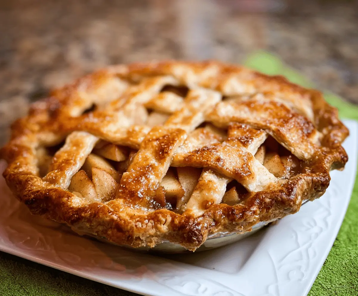 Homemade apple pie with flaky golden crust and sliced fresh apples, ready to serve