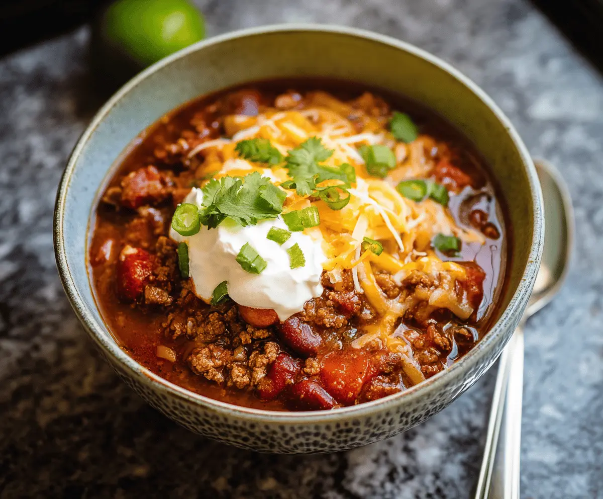 Delicious homemade Instant Pot chili with ground beef, beans, and spices in a colorful bowl, ready to serve