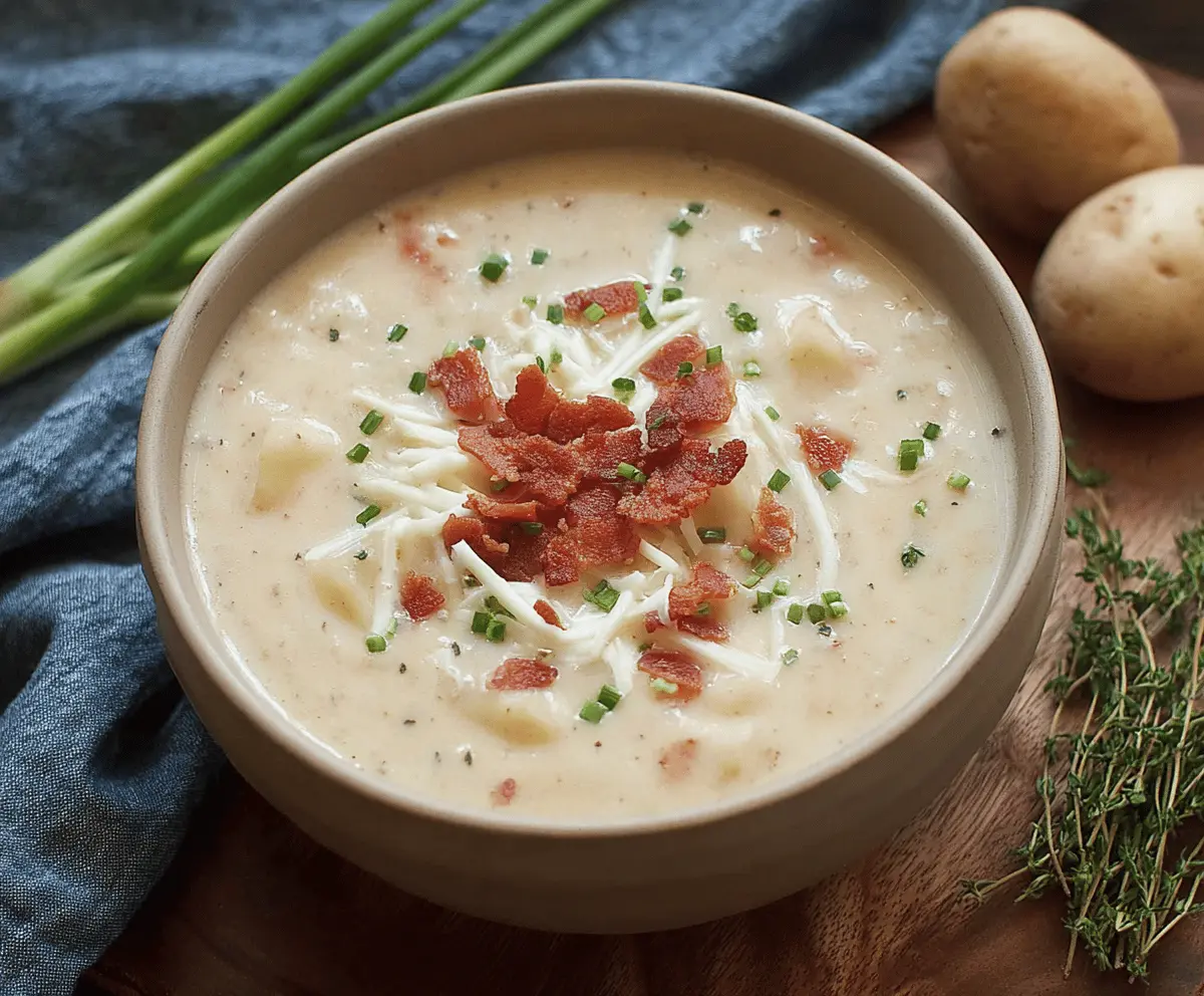 Creamy Irish Potato Soup garnished with fresh herbs in a rustic bowl, perfect for a comforting and hearty meal