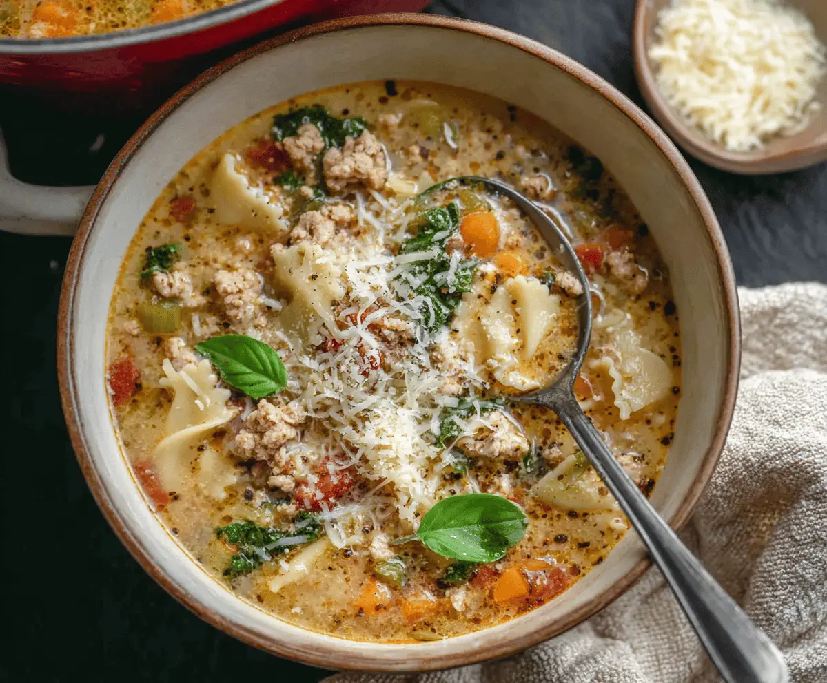 A steaming bowl of Italian ground chicken soup garnished with fresh herbs, vegetables, and pasta, served in a white bowl on a rustic wooden table.